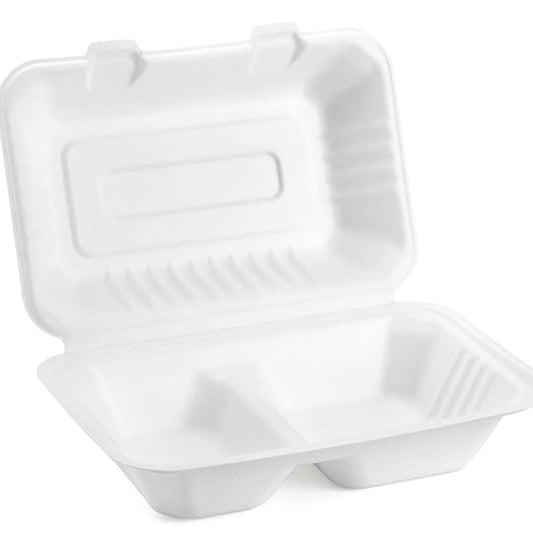9" x 6" x 3" Compostable Sugarcane / Bagasse 2 Compartment Take-Out Container - 200/Case